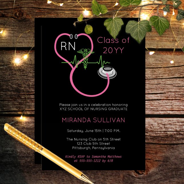 Pink Stethoscope EKG Nursing Graduation Party Invitation (Pink Stethoscope and Caduceus with EKG Line Nurse RN Nursing Graduation Party Invitation Print Digi)