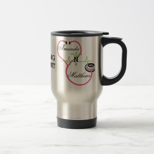 Pink Stethoscope Nursing Student Caduceus Name Travel Mug