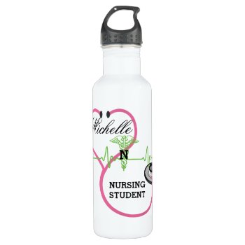 Pink Stethoscope Nursing Student Name Stainless Steel Water Bottle by hhbusiness at Zazzle