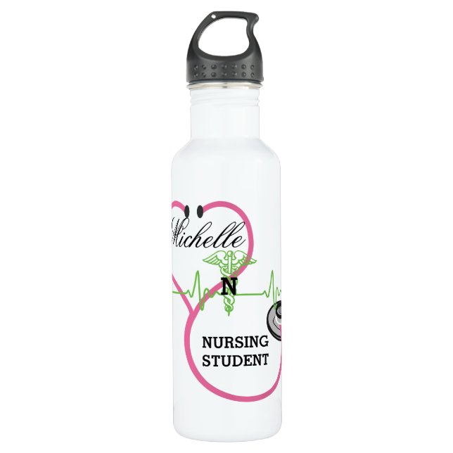 Pink Stethoscope Nursing Student Name Stainless Steel Water Bottle (Front)