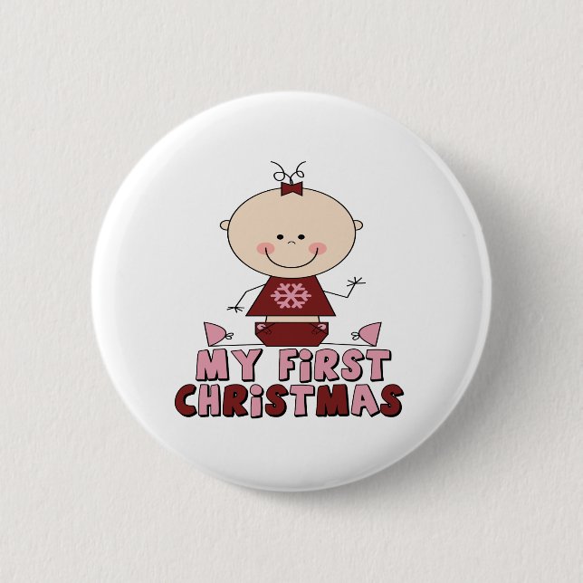 Pink Stick Figure Girl  First Christmas Button (Front)