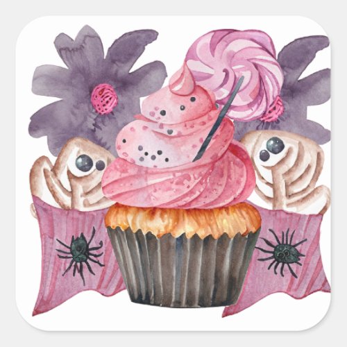 Pink Sticker with Cake and Spiders