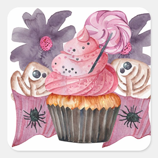 Pink Sticker with Cake and Spiders (Front)