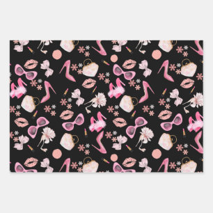 Pink stiletto Lipstick Bag Glasses Divorce Party Wrapping Paper Sheets