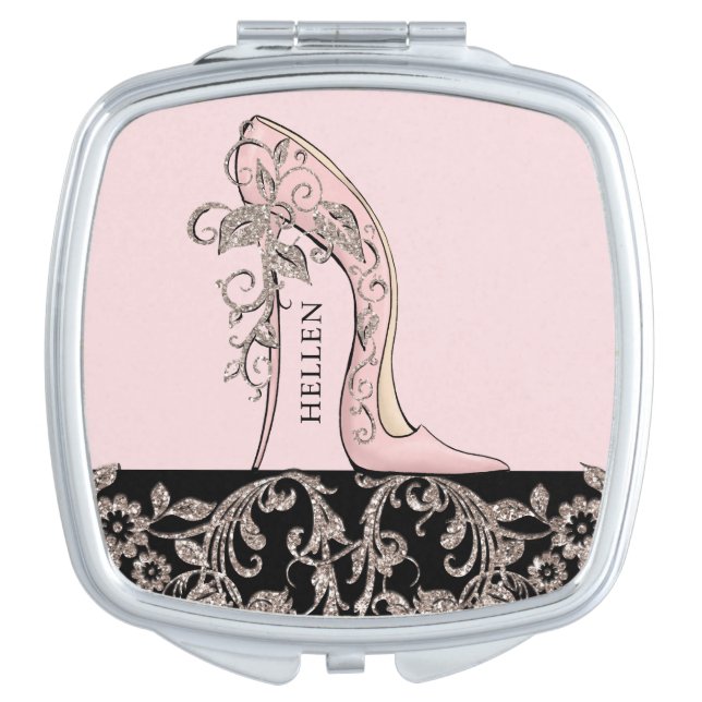 Pink stiletto rose-gold floral swirls compact mirror (Front)