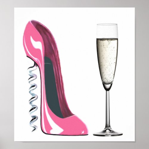 Pink Stiletto Shoe and Champagne glass Poster