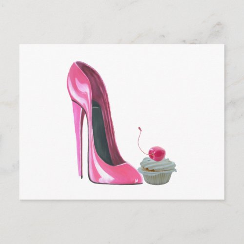 Pink Stiletto Shoe and Cupcake Postcard