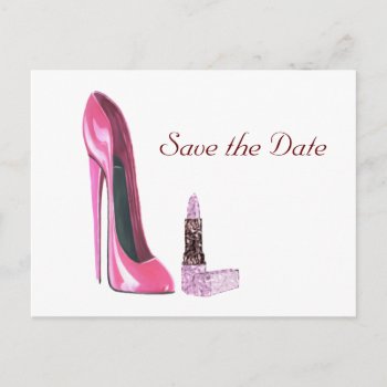 Pink Stiletto Shoe And Lipstick Art Announcement Postcard by shoe_art at Zazzle