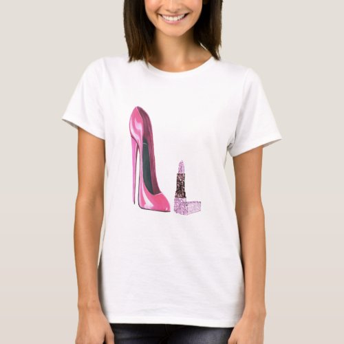 Pink Stiletto Shoe and Lipstick Art T_Shirt