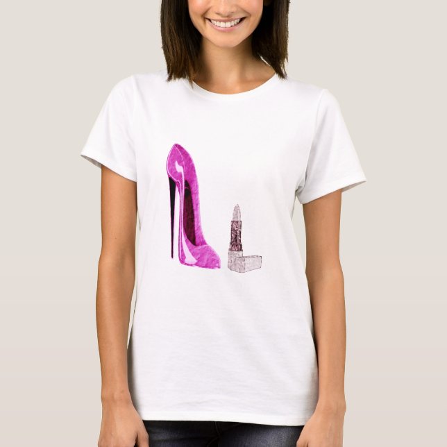 Pink Stiletto Shoe and Lipstick Art T-Shirt (Front)