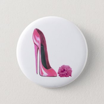 Pink Stiletto Shoe And Pink Rose Art Button by shoe_art at Zazzle