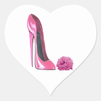 Pink Stiletto Shoe And Pink Rose Art Heart Sticker by shoe_art at Zazzle