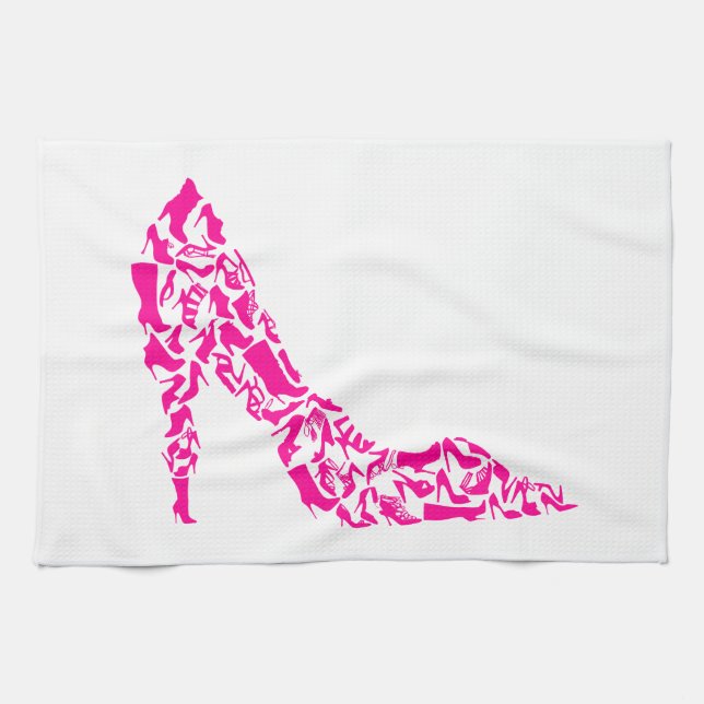 Pink stiletto with various shoe silhouettes kitchen towel (Horizontal)