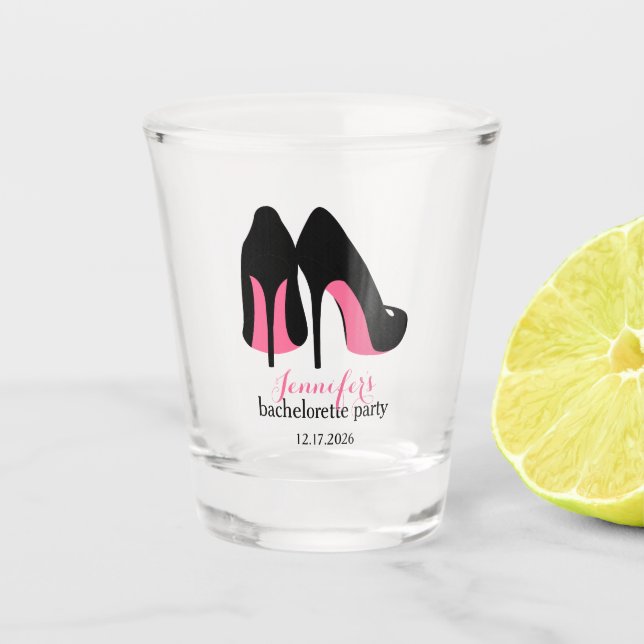 Pink Stilettos Girls Night Out Bachelorette Party Shot Glass (Front)