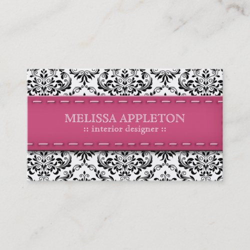Pink Stitched Damask Interior Designer Business Cards