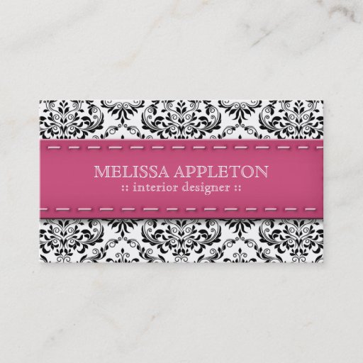 Customizable Pink Stitched Damask Interior Designer Business Cards