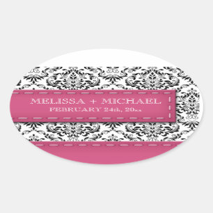 Pink Stitched Damask Wedding Large Favor Stickers