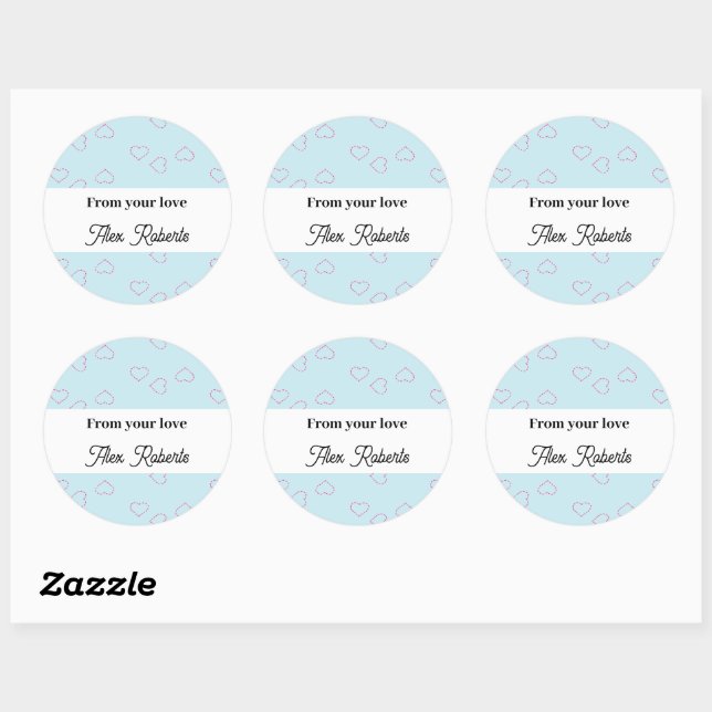 Pink stitched hearts on blue classic round sticker (Sheet)