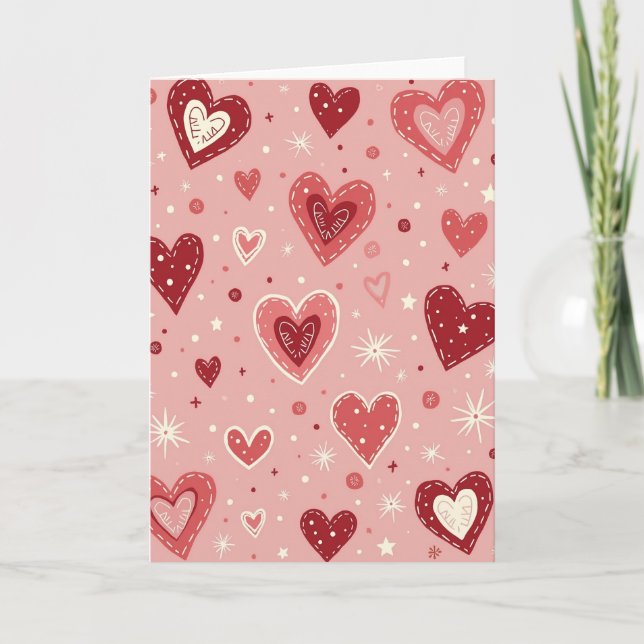 Pink Stitched Hearts Valentines Card (Front)