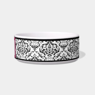Pink Stitched Label Design Damask Cat Bowl