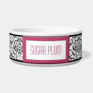 Pink Stitched Label Design Damask Dog Bowl
