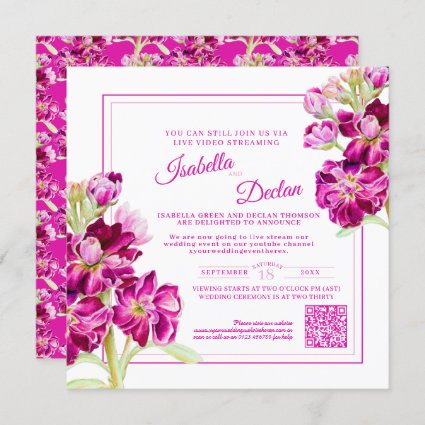 Pink stock flower watercolor live stream wedding invitation