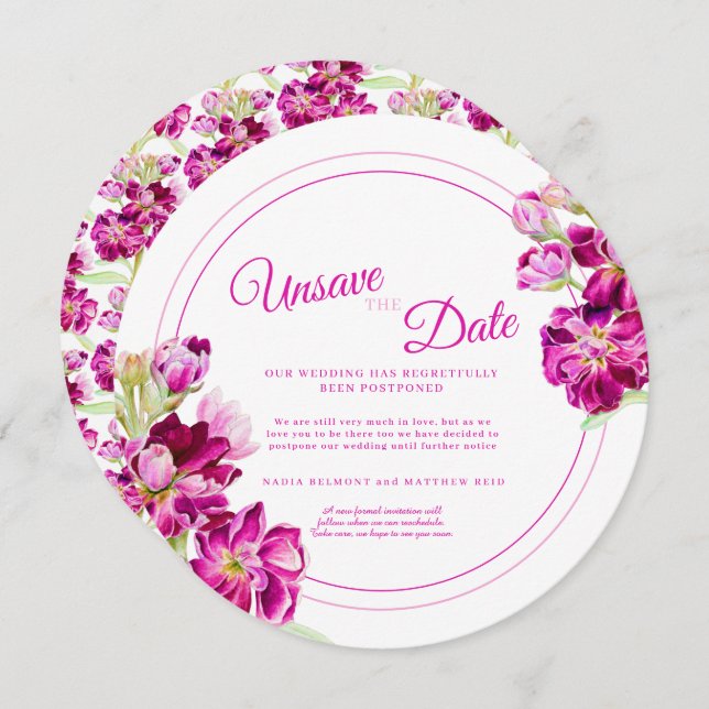  Pink stock flowers wedding unsave the date round Invitation (Front/Back)
