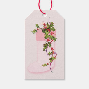 Pink Stocking and Vintage Holly Berries Holiday Gift Tags