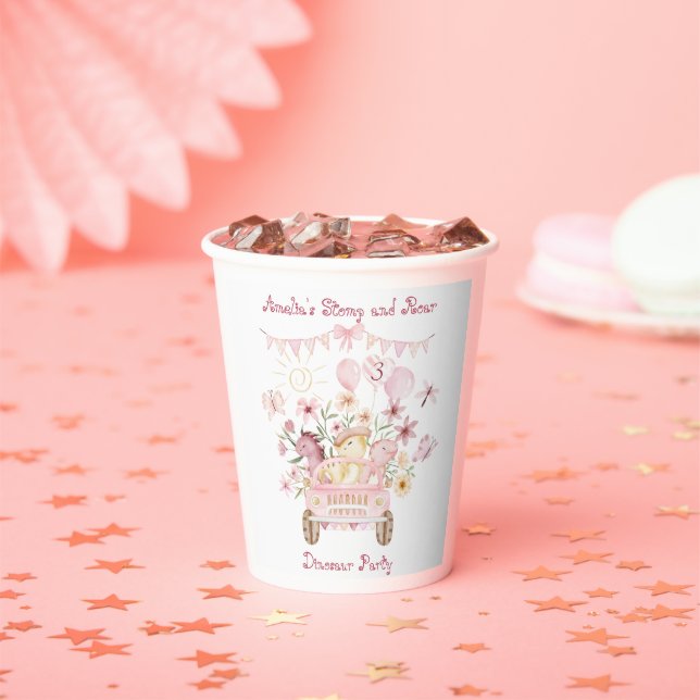 Pink Stomp and Roar Dinosaur Birthday  Paper Cups (Insitu)