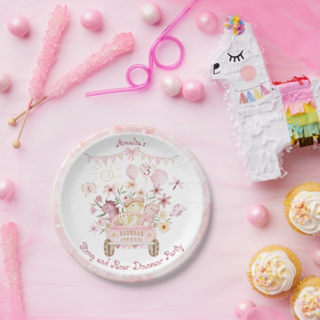Pink Stomp and Roar Dinosaur Birthday Paper Plates (Party)