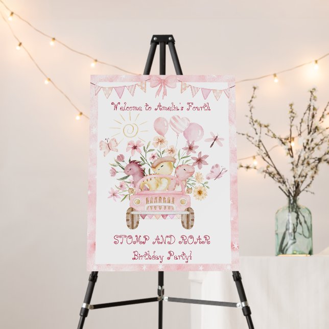 Pink Stomp and Roar Dinosaur Birthday Welcome Foam Board (In Situ (Stand))