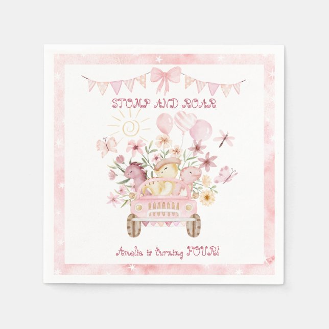 Pink Stomp and Roar Fourth Dinosaur Birthday  Napkins (Front)
