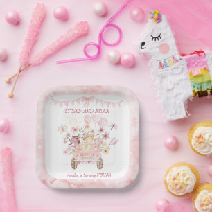 Pink Stomp and Roar Fourth Dinosaur Birthday Paper Plates