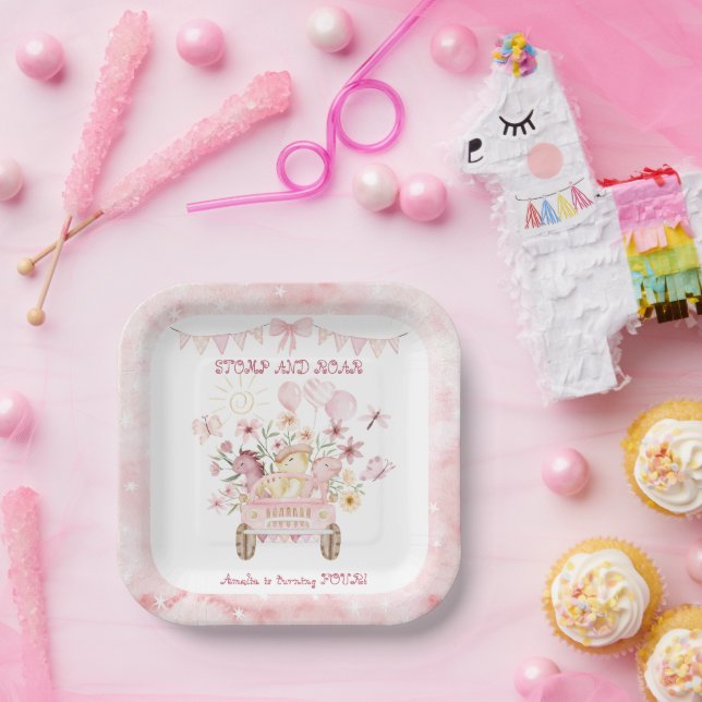 Pink Stomp and Roar Fourth Dinosaur Birthday  Paper Plates (Party)