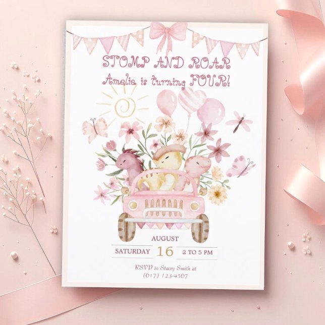 Pink Stomp and Roar Fourth Dinosaur Birthday  Postcard (Creator Uploaded)