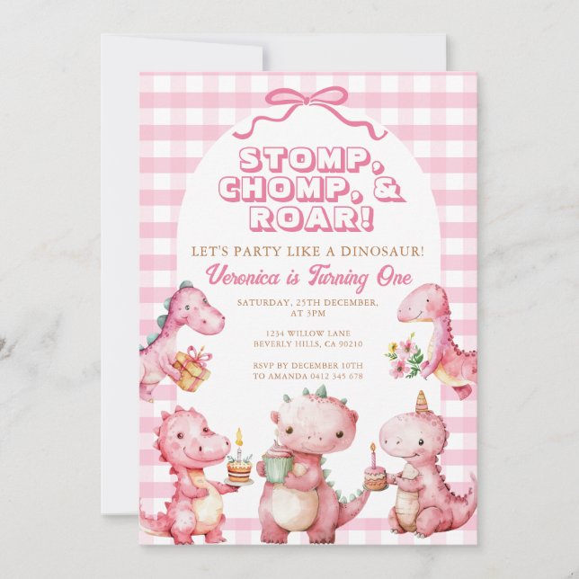 Pink Stomp Chomp Roar 1st Birthday Dinosaur Invitation (Front)