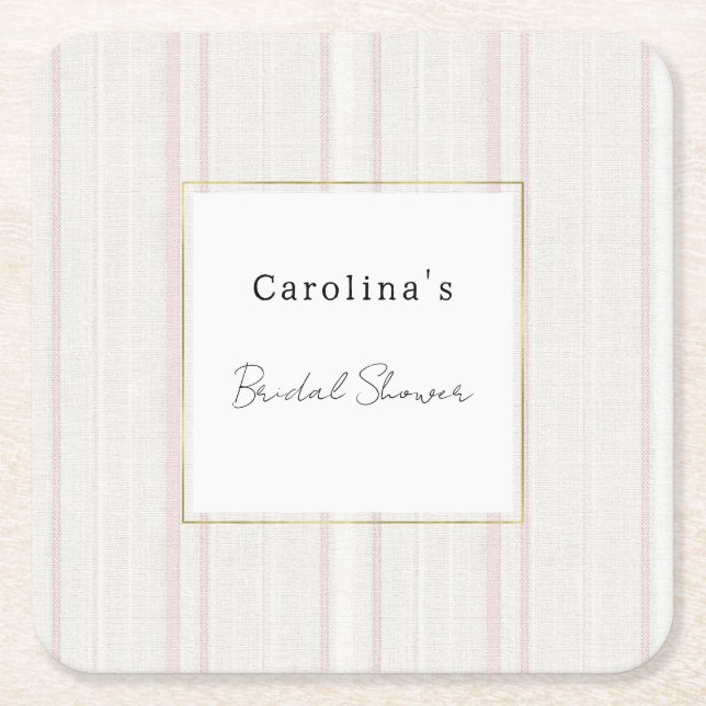 Pink Stone White Stripes Bridal Shower Square Paper Coaster (Front)