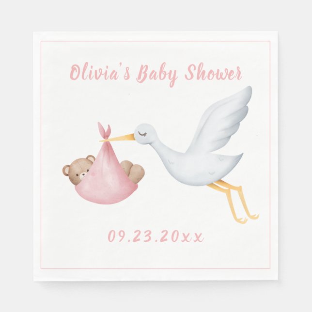 Pink Stork Baby Bear Girl Baby Shower Napkins (Front)