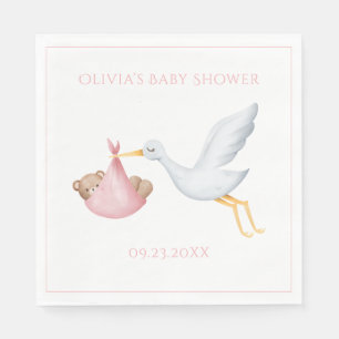 Pink Stork Baby Bear Girl Baby Shower Napkins