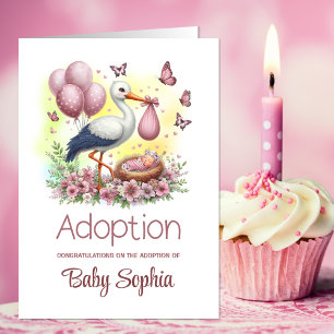 Pink Stork Baby Girl Adoption Congratulations Card