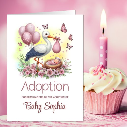Pink Stork Baby Girl Adoption Congratulations Card