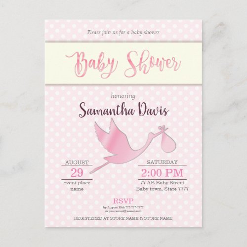 Pink Stork Baby Girl Baby Shower Invitation Postcard