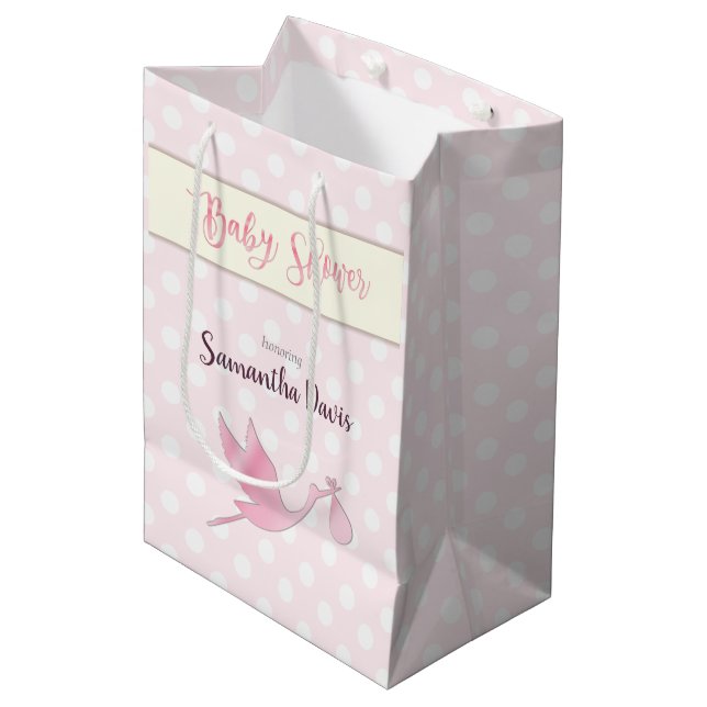 Pink Stork Baby Girl Baby Shower Medium Gift Bag (Front Angled)