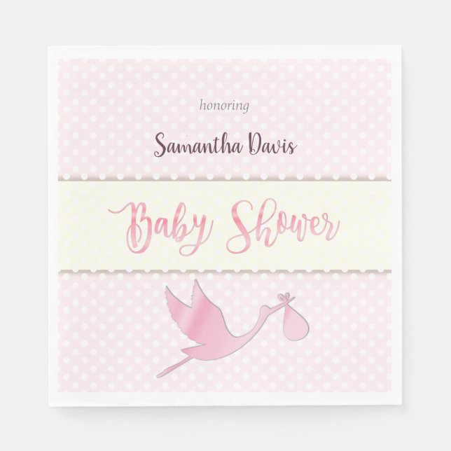 Pink Stork Baby Girl Baby Shower Napkins (Front)