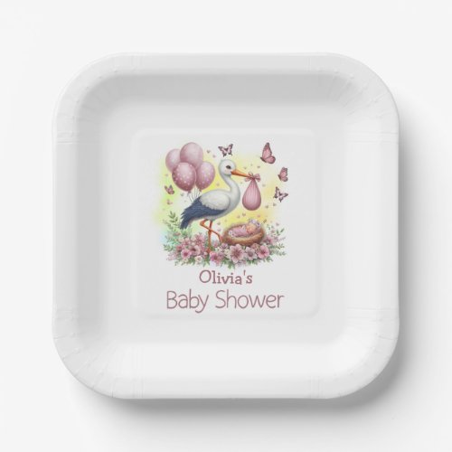 Pink Stork Baby Girl Baby Shower Paper Plates