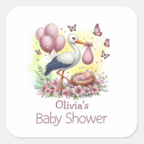 Pink Stork Baby Girl Baby Shower Square Sticker