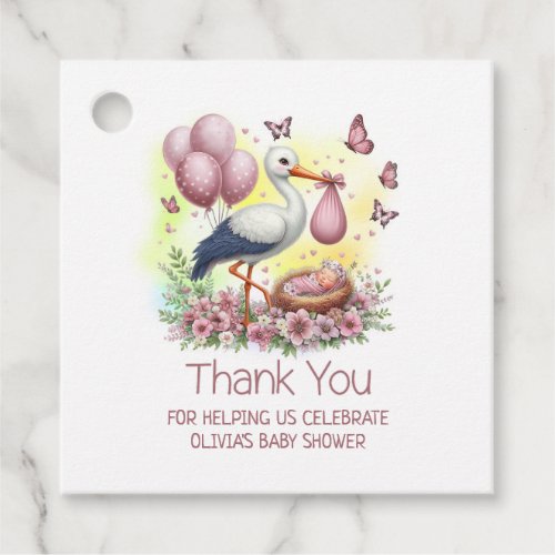Pink Stork Baby Girl Baby Shower Thank You Favor Tags