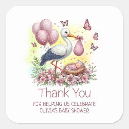 Pink Stork Baby Girl Baby Shower Thank You Square Sticker