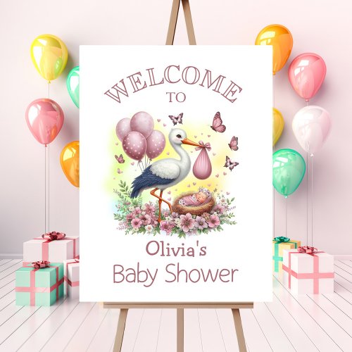 Pink Stork Baby Girl Baby Shower Welcome Foam Board