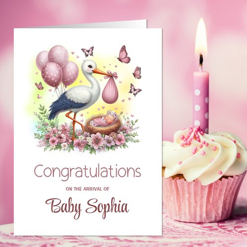Pink Stork Baby Girl Congratulations Card